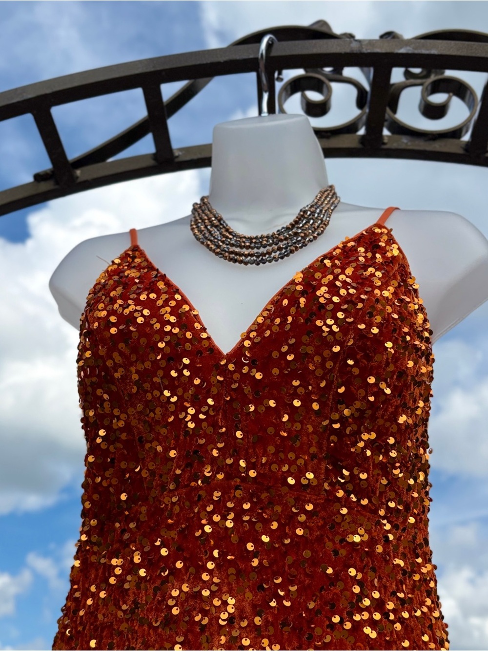 Dressalisa Orange Crushed Velvet Sequins Gown Size XS Party Maxi Dress Elegant - Picture 12 of 13
